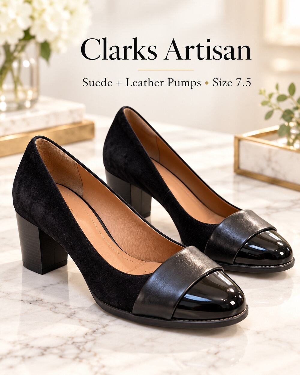 Clarks Artisan Black Suede Leather Pumps Size 7.5 Block Heel Cap Toe